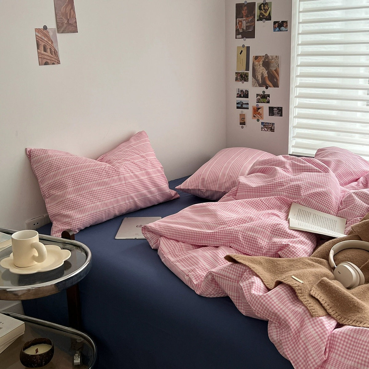 Pink Gingham Stripes Bedding Set — Soft-Touch Cotton Duvet & Pillowcases — Front view