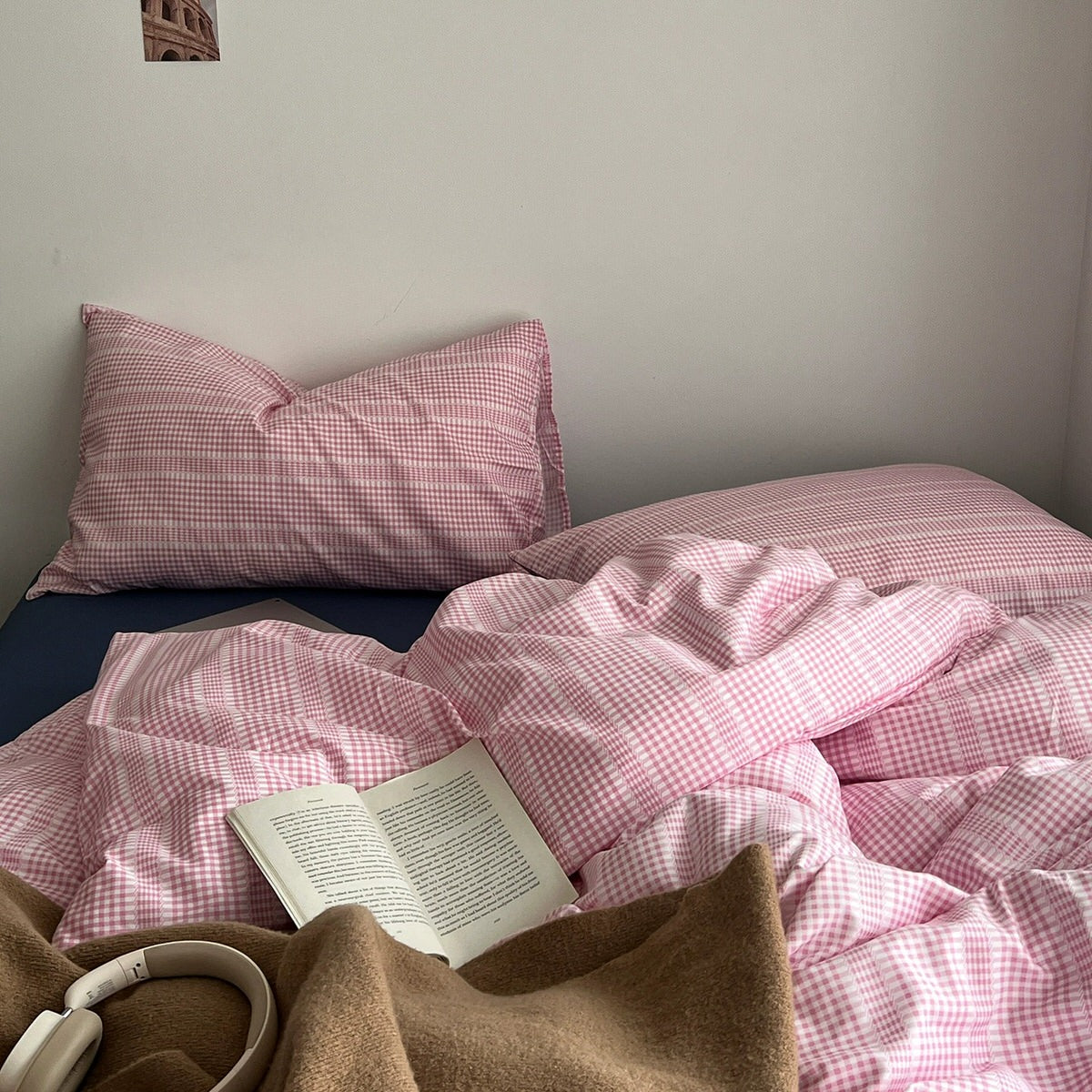 Pink Gingham Stripes Bedding Set — Soft-Touch Cotton Duvet & Pillowcases — Lifestyle 3
