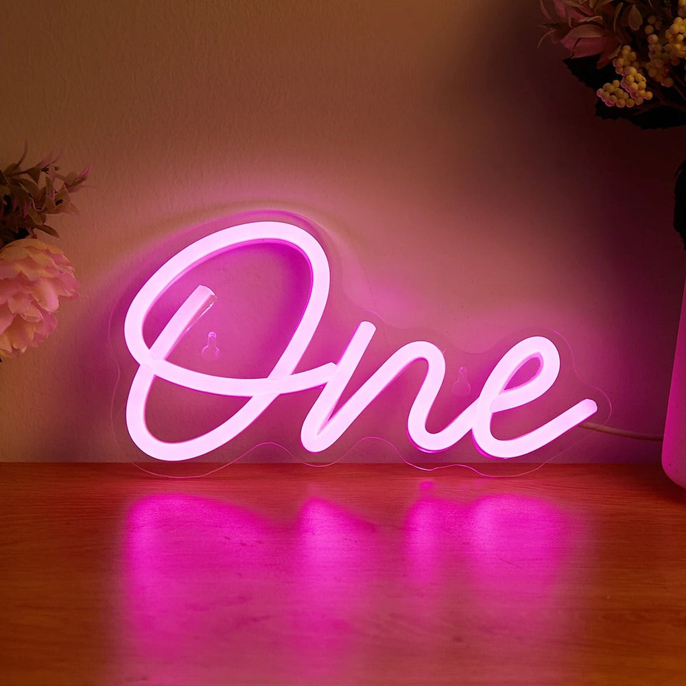 Pink "One" LED Wall Neon Sign — Warm LED Mood Lighting for Bedside — Detail
