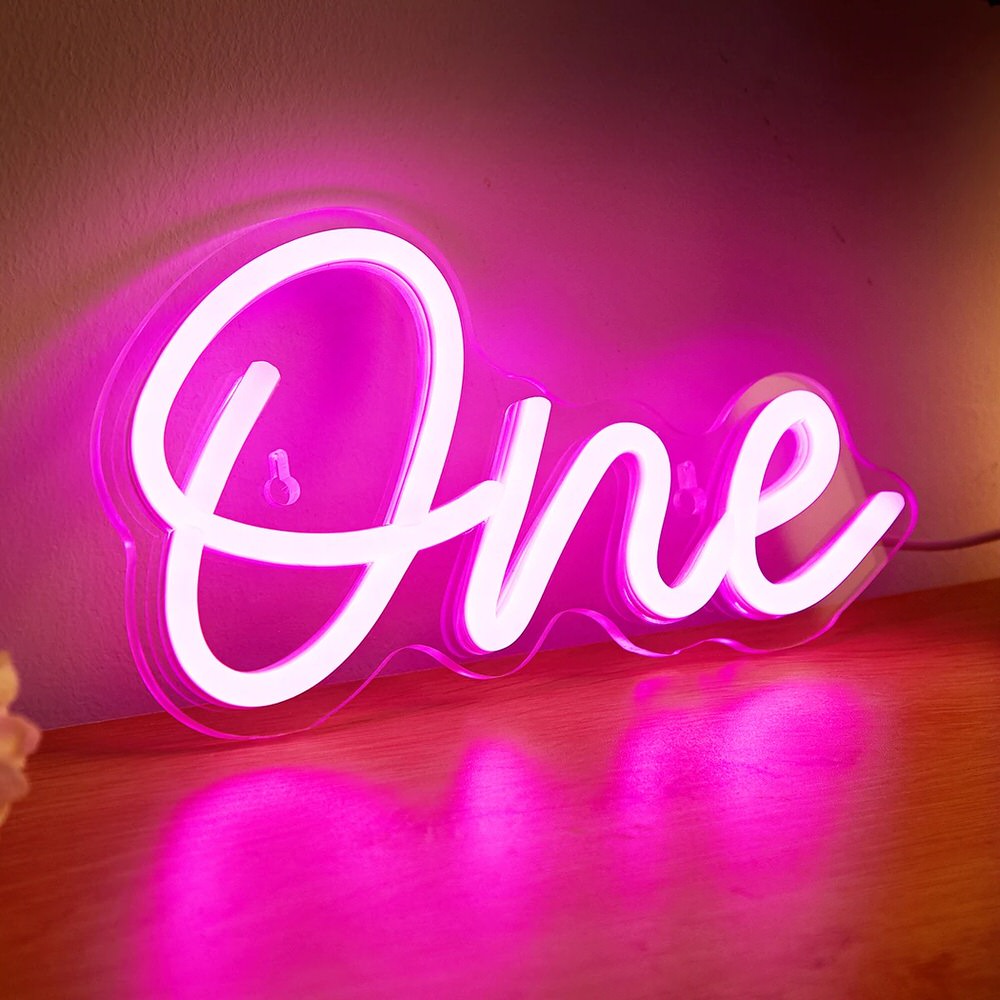 Pink "One" LED Wall Neon Sign — Warm LED Mood Lighting for Bedside — Front view