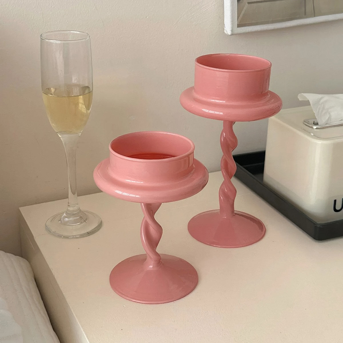 Pink Swirl Glass Pillar Light Holder — Twisted-Stem Centerpiece for Layered Shelves — Detail