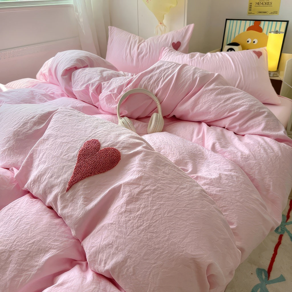 Pink Washed Cotton Bedding Set With Red Embroidered Heart — Lifestyle 2