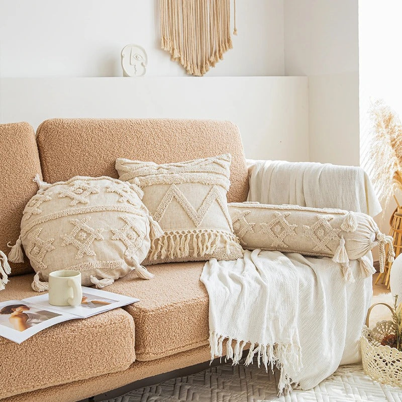 Beige Boho Tufted Cushion Cover — Hand-Tufted Boho Texture for Warm Bedroom Layering — Front view