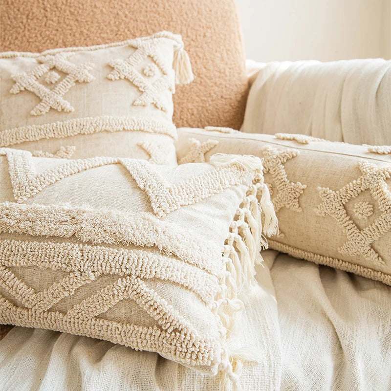 Beige Boho Tufted Cushion Cover — Hand-Tufted Boho Texture for Warm Bedroom Layering — Detail