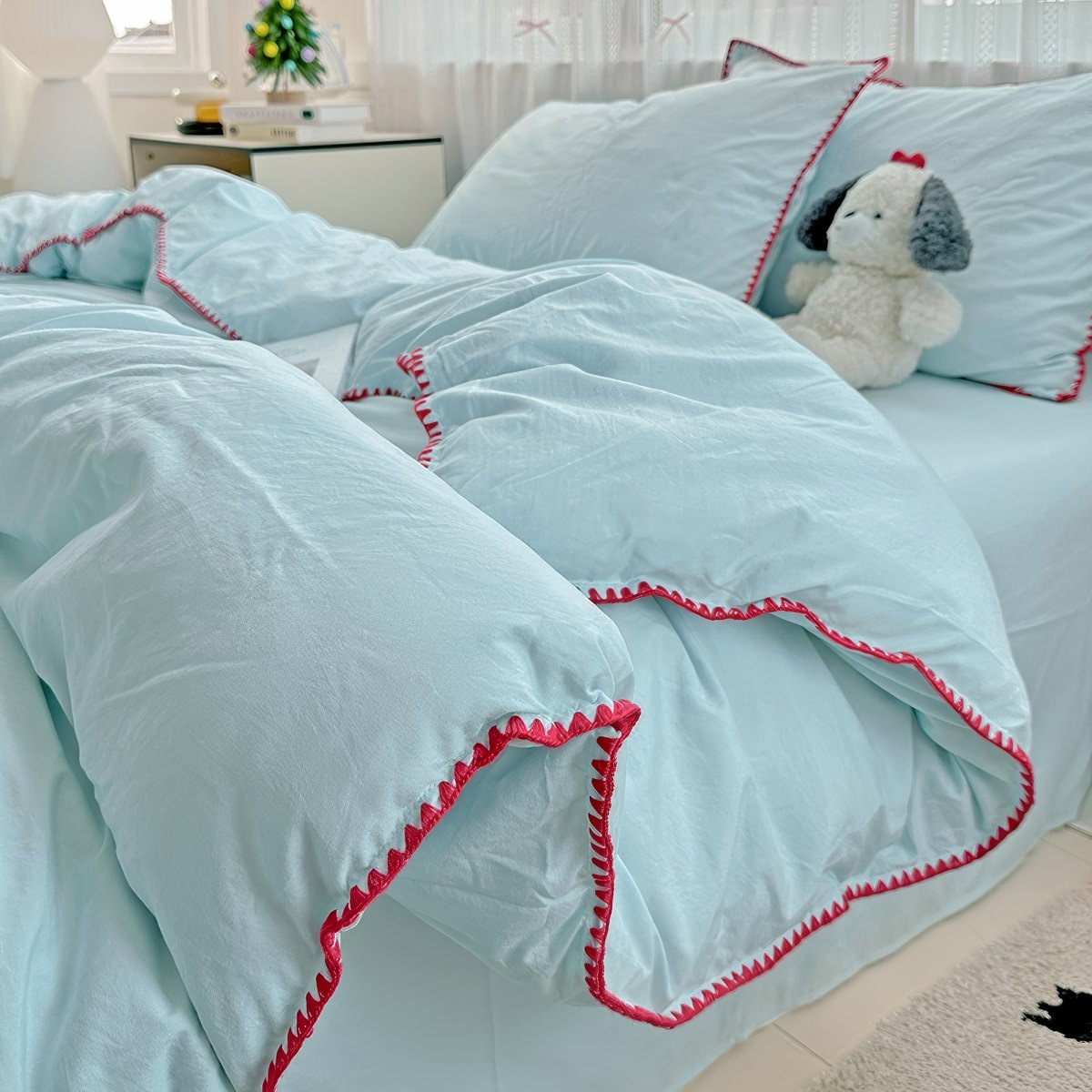 Plain Stitched Shell-Edge Bedding Set — Solid Duvet Cover with Scalloped Trim — Lifestyle 2
