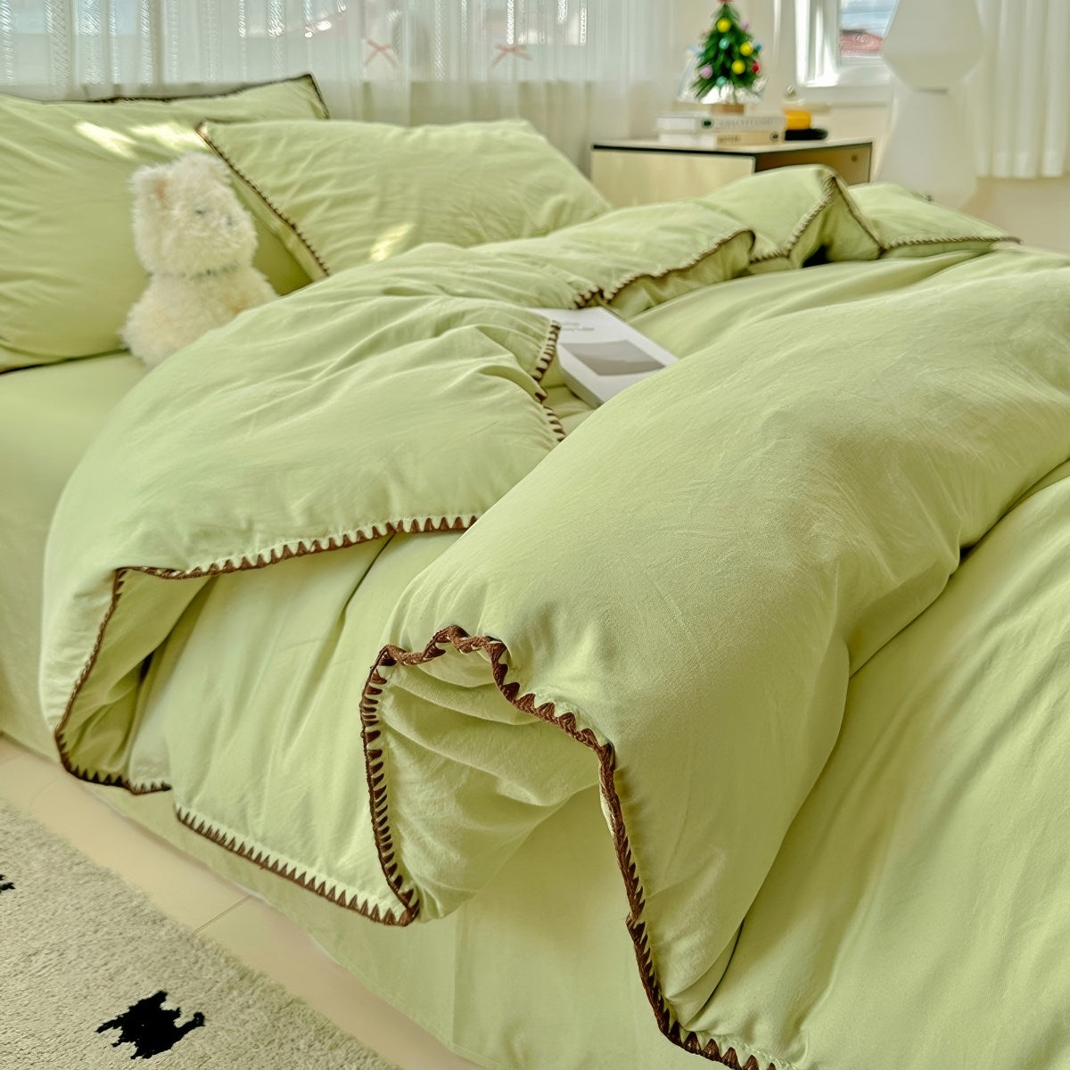 Plain Stitched Shell-Edge Bedding Set — Solid Duvet Cover with Scalloped Trim — Lifestyle 5