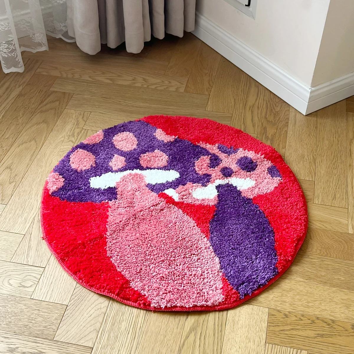Indie Mushrooms Round Accent Rug — Soft Accent Rug for Bedroom Layering — Lifestyle 5