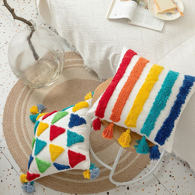 Rainbow Tassels Cushion Cover — Tasselled Rainbow Trim for Bright Bedroom Layering — Lifestyle 3