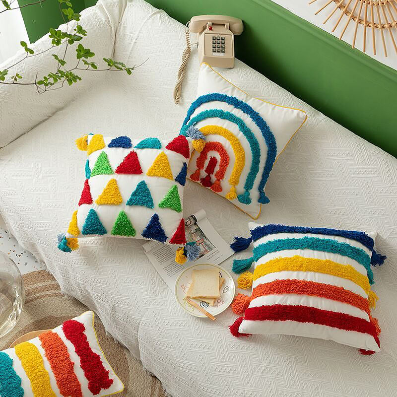 Rainbow Tassels Cushion Cover — Soft Textured Pillow for Bedroom Layering — Lifestyle 2