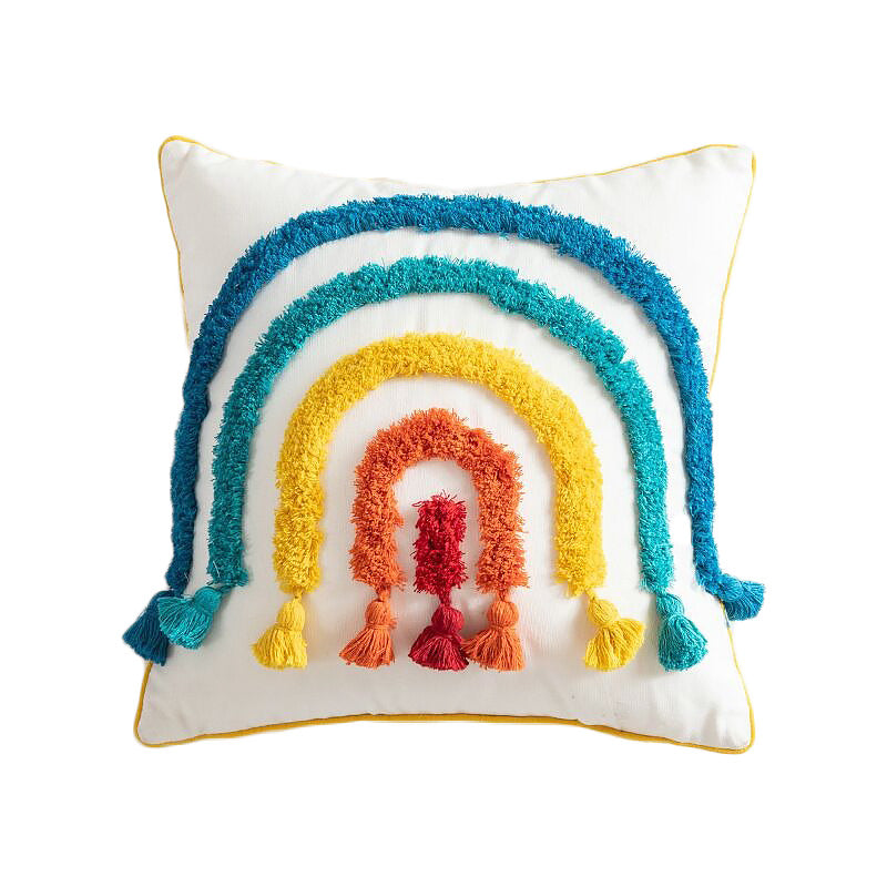 Rainbow Tassels Cushion Cover — Soft Textured Pillow for Bedroom Layering — Front view