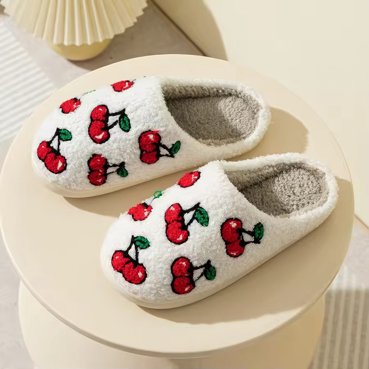 Red Cherries Soft Plush House Slippers — Lifestyle 3