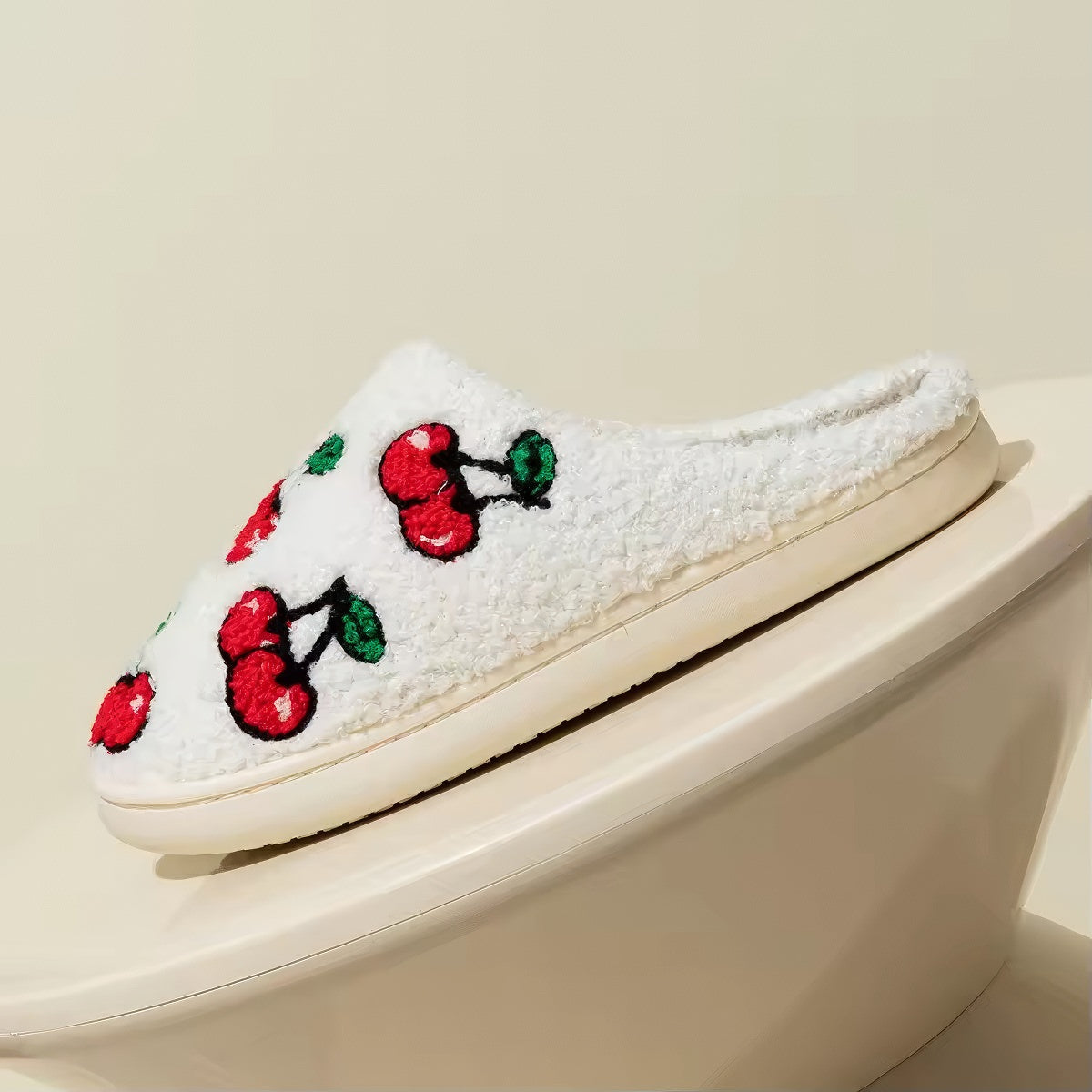 Cherry Print Slippers — Soft Plush House Slippers for Indoor Lounging — Lifestyle 1