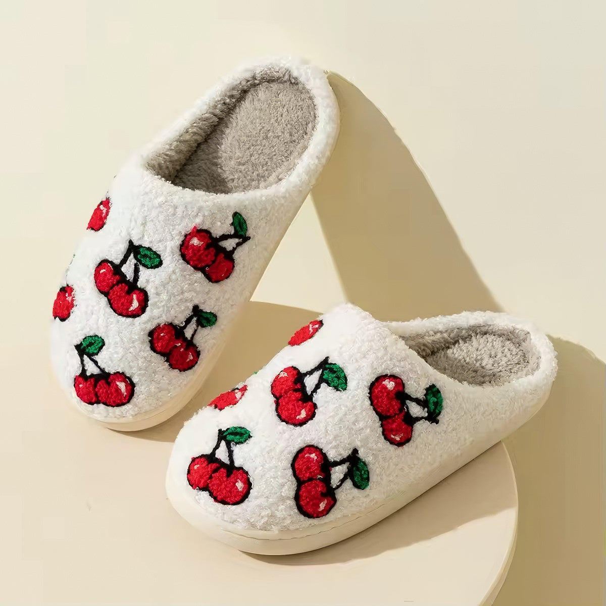 Cherry Print Slippers — Soft Plush House Slippers for Indoor Lounging — Lifestyle 4