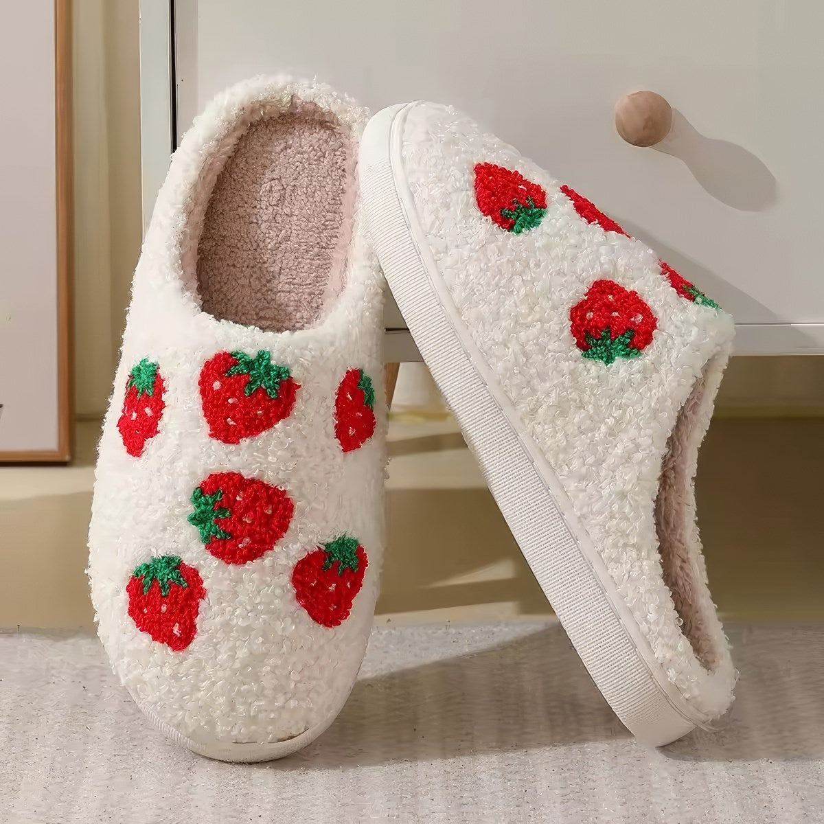 Strawberry Print Slippers — Soft Plush House Slippers for Indoor Lounging — Detail