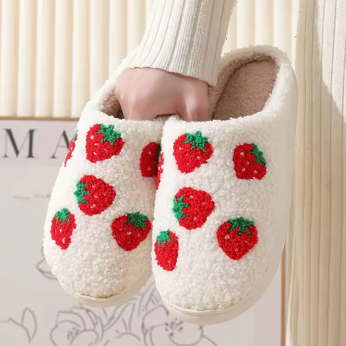 Strawberry Print Slippers — Soft Plush House Slippers for Indoor Lounging — Lifestyle 2