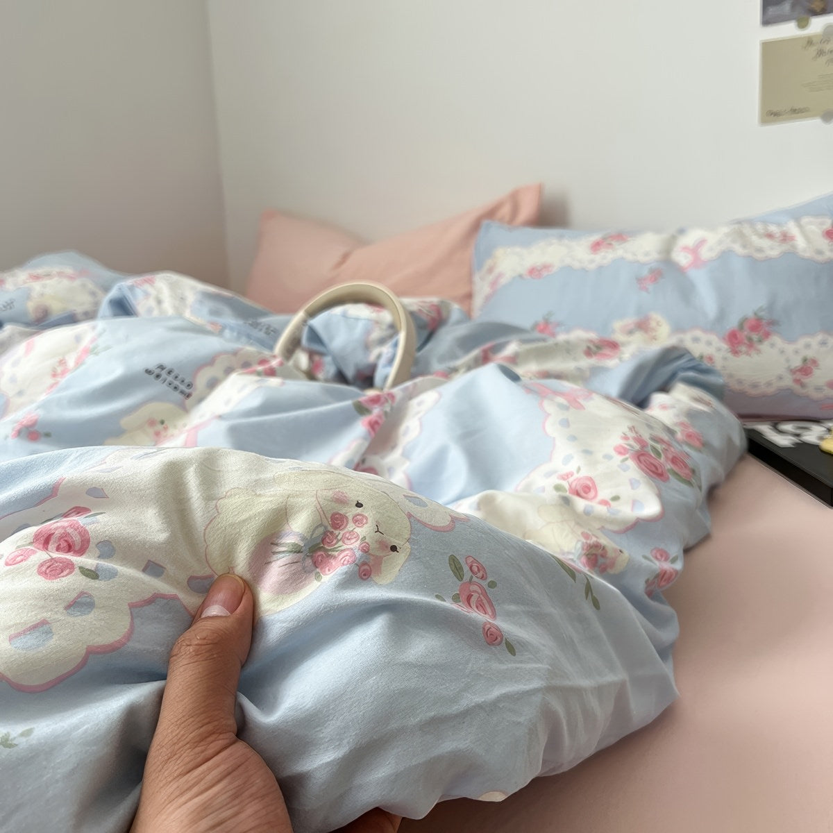 Romantic Blue & Pink Floral Lace Bedding Set — Soft-Touch Cotton Duvet & Pillowcases — Lifestyle 2