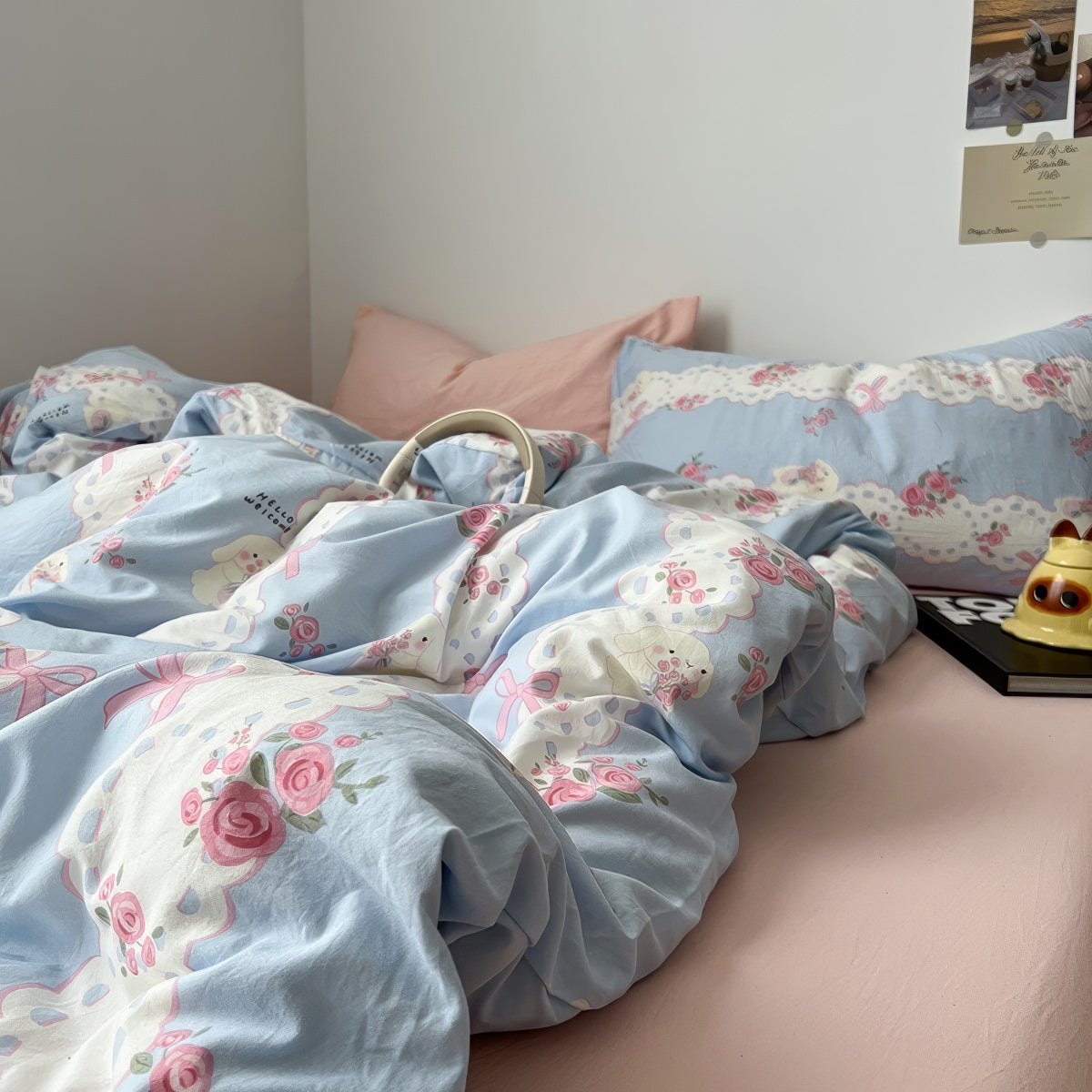 Romantic Blue & Pink Floral Lace Bedding Set — Soft-Touch Cotton Duvet & Pillowcases — Front view