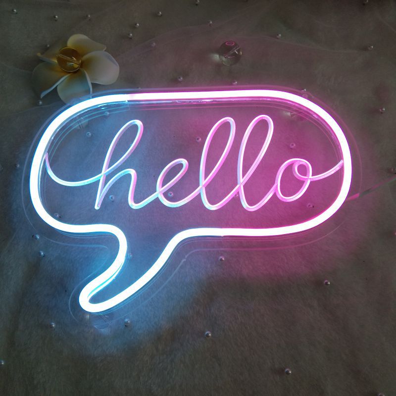 Pink/Blue Hello Neon Sign — Warm LED Mood Lighting for Bedside — Detail