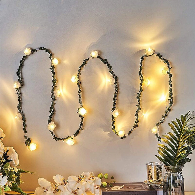 Rose Flower Vine String Lights — Warm LED Mood Lighting for Bedside — Front view