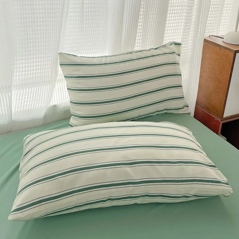 Minimalist Green Striped Sage Bedding Set — Soft-Touch Cotton Duvet & Pillowcases — Lifestyle 4