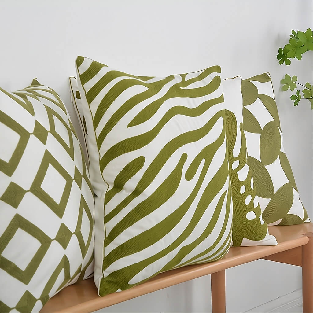 Sage Green Embroidery Throw Pillow Cover — Soft Textured Pillow for Bedroom Layering — Detail