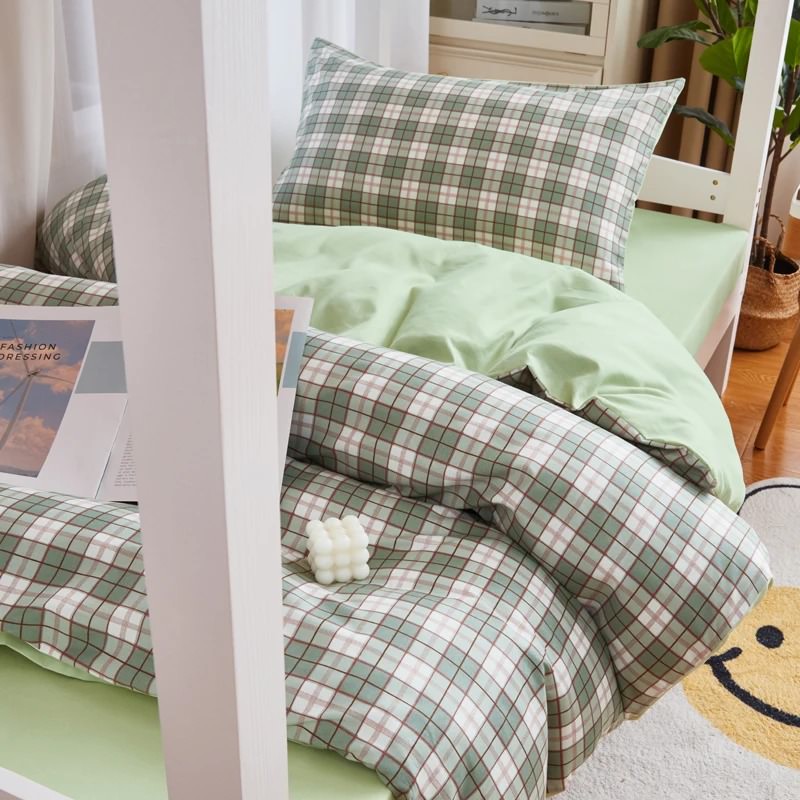 Sage Green Plaid Dorm Bedding Set — Soft-Touch Cotton Duvet & Pillowcases — Front view