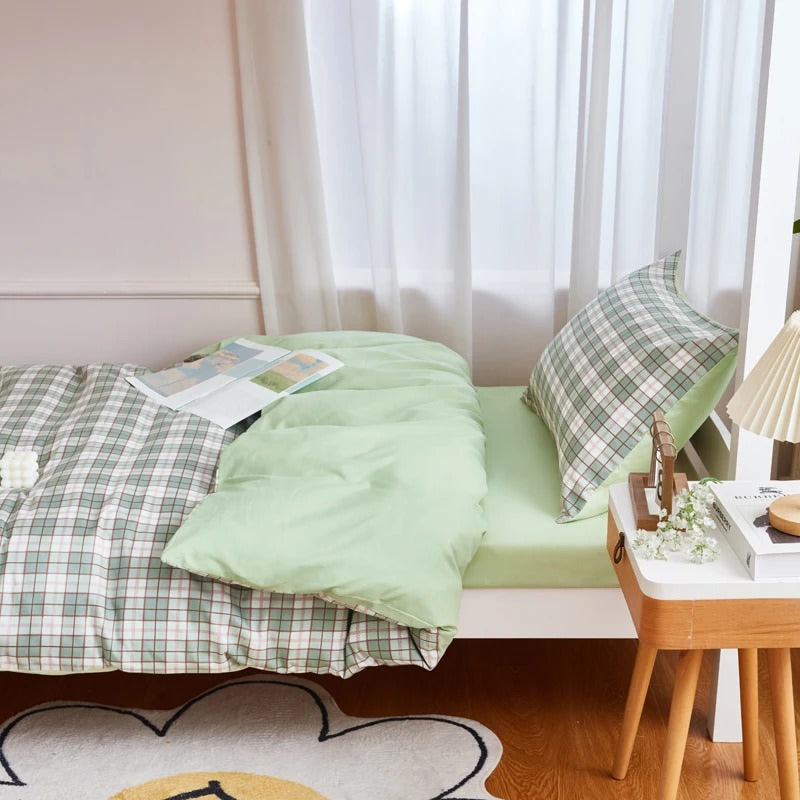 Sage Green Plaid Dorm Bedding Set — Soft-Touch Cotton Duvet & Pillowcases — Lifestyle 1