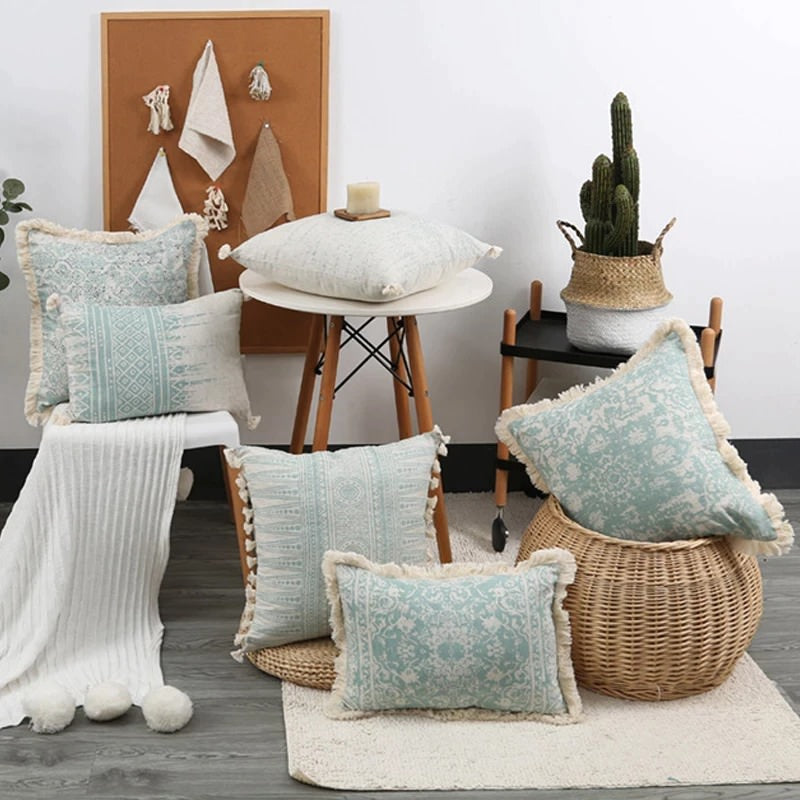 Shabby Chic Dusty Green Cushion Cover — Soft Textured Pillow for Bedroom Layering