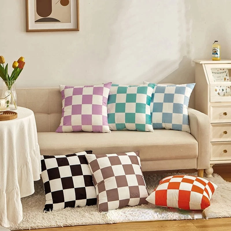 Checkered Cushion Cover — Soft Textured Pillow for Bedroom Layering — Detail