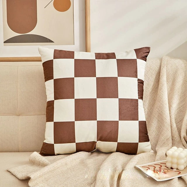Checkered Cushion Cover — Soft Textured Pillow for Bedroom Layering — Lifestyle 7