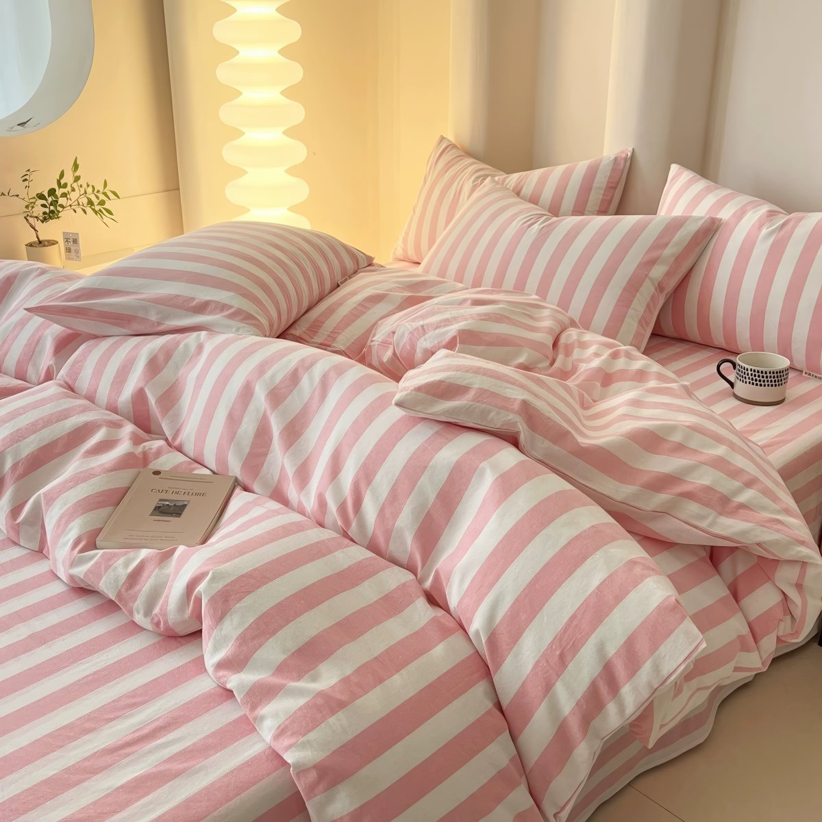 Simple Pastel Striped Bedding Set — Soft-Touch Cotton Duvet & Pillowcases — Front view