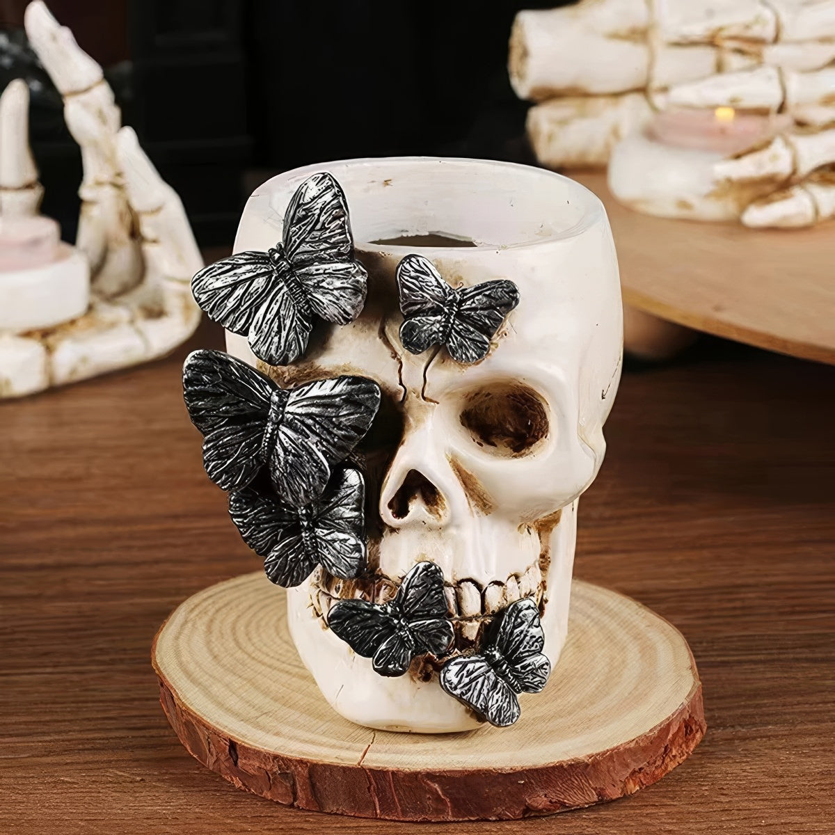 Skull with Butterflies Makeup Brush Holder — Considered Home Styling — Detail
