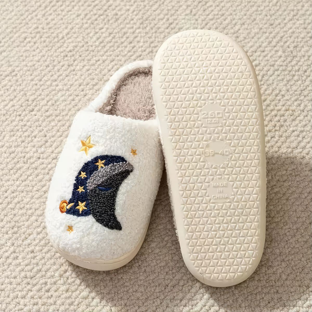 Sleepy Sun & Moon Slippers — Plush Indoor Slip-On for Home Comfort — Detail
