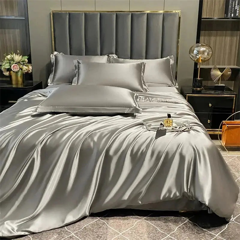 Luxury Mulberry Silk Bedding Set - 4 Piece Collection in Champagne, Pink, Purple, Blue - Duvet 79x91", Sheets 59" & 71 — Life