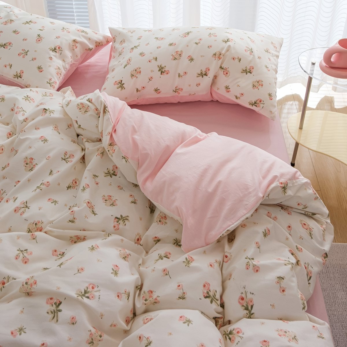 Spring Roses Pale Pink Bedding Set — Soft-Touch Cotton Duvet & Pillowcases — Front view