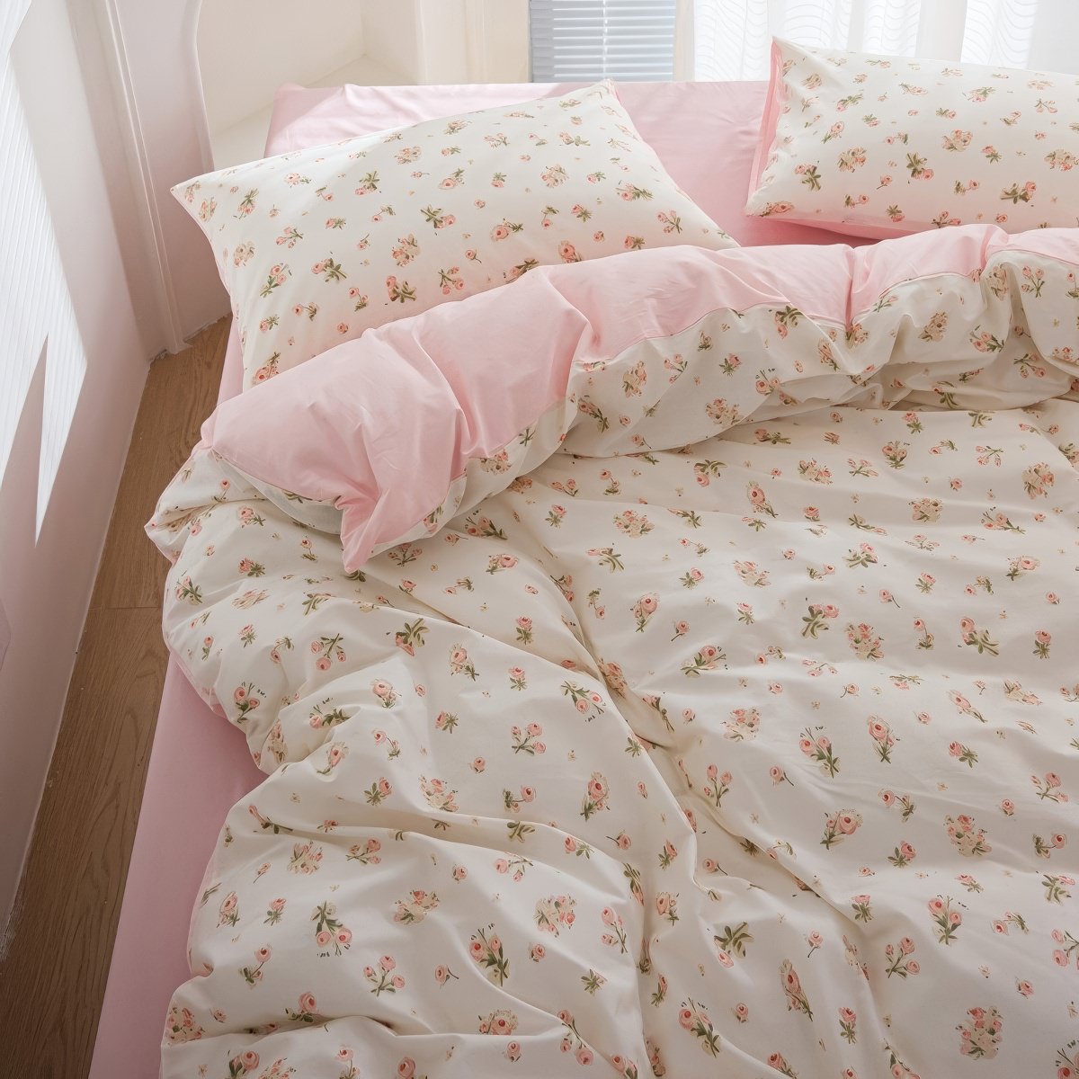 Spring Roses Pale Pink Bedding Set — Soft-Touch Cotton Duvet & Pillowcases — Lifestyle 3
