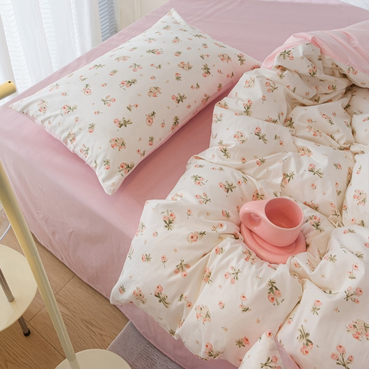Spring Roses Pale Pink Bedding Set — Soft-Touch Cotton Duvet & Pillowcases — Lifestyle 4