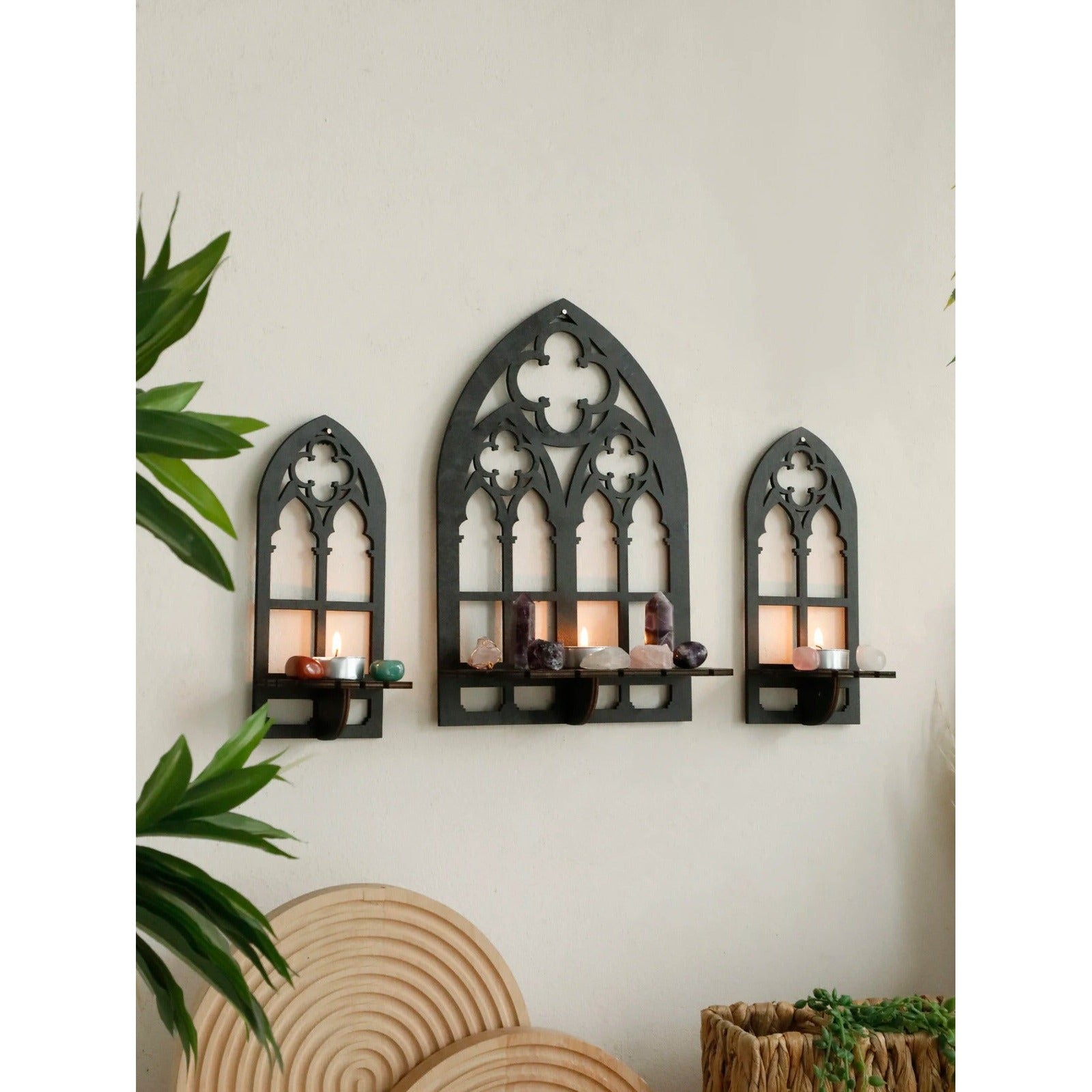 Arch Wooden Wall Shelf Set — Matte Black Trio for Layered Display — Detail