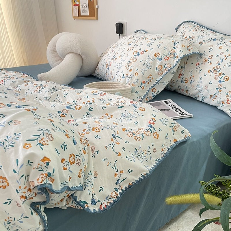 Stitched Edge Blue Wildflowers Bedding Set — Soft-Touch Cotton Duvet & Pillowcases — Lifestyle 1