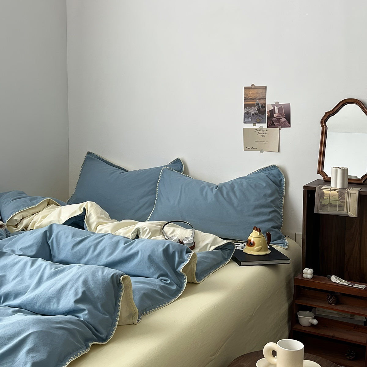 Stitched Edge Sage Blue Minimalist Bedding Set — Soft-Touch Cotton Duvet & Pillowcases — Front view