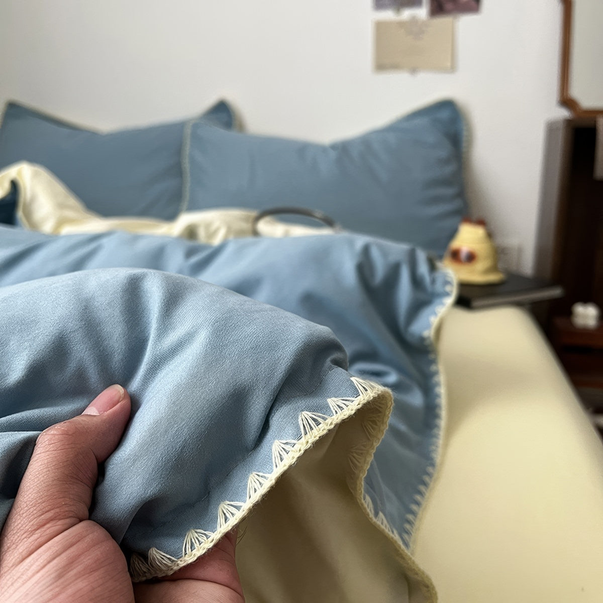 Stitched Edge Sage Blue Minimalist Bedding Set — Soft-Touch Cotton Duvet & Pillowcases — Detail