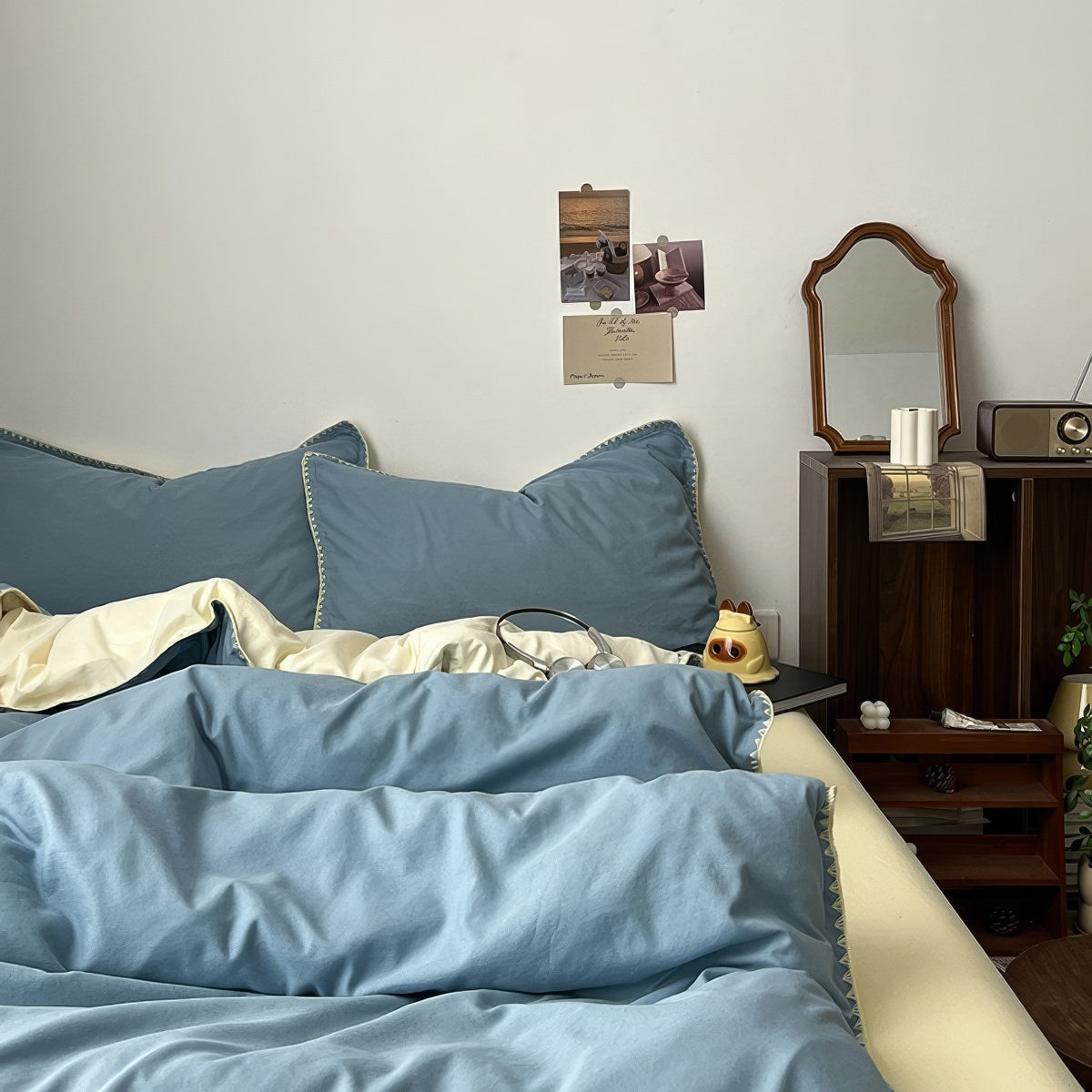 Stitched Edge Sage Blue Minimalist Bedding Set — Soft-Touch Cotton Duvet & Pillowcases — Lifestyle 1