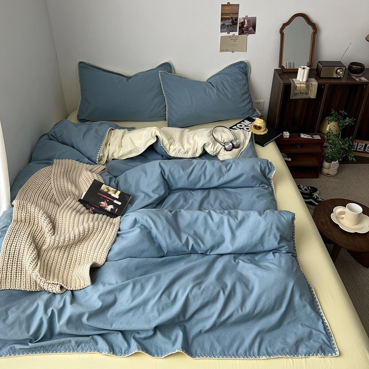 Stitched Edge Sage Blue Minimalist Bedding Set — Soft-Touch Cotton Duvet & Pillowcases — Lifestyle 3