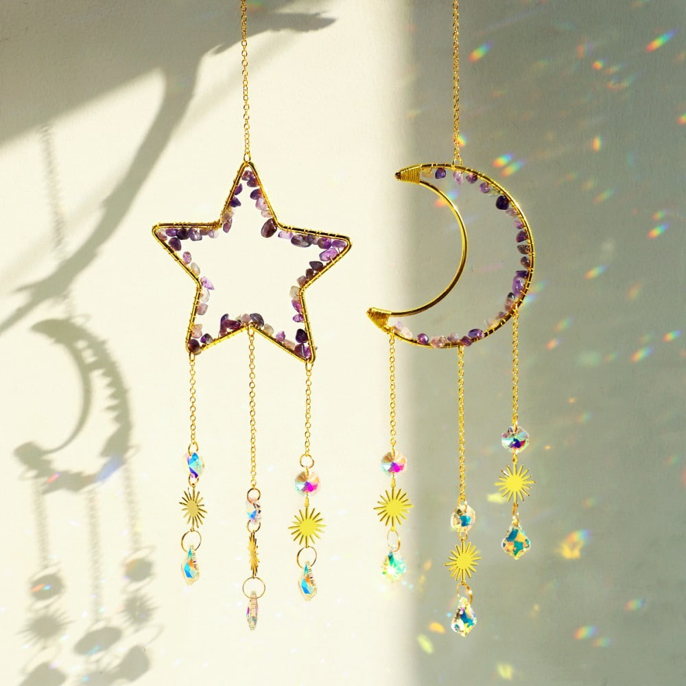 Moon & Star Amethyst Suncatcher Set — Considered Home Styling — Front view