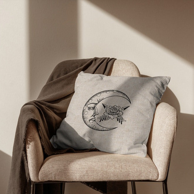 Sun & Moon Cushion Cover — Monochrome Linen Pillow for Bedroom Styling — Detail