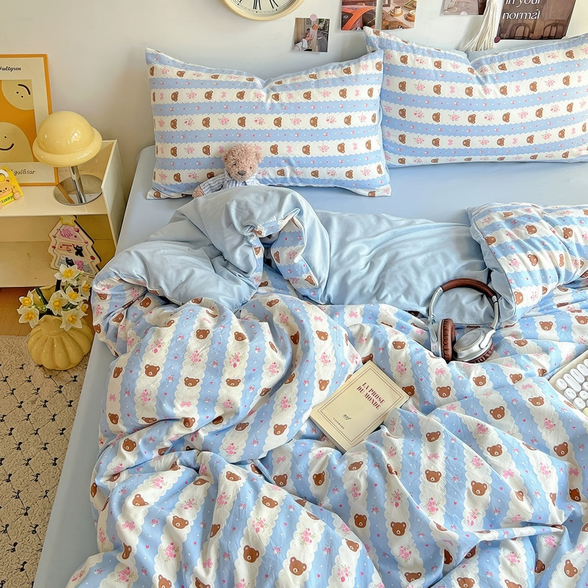 Teddy Sky Blue Striped Bedding Set — Soft Cotton-Blend Duvet Cover and Pillowcases — Front view