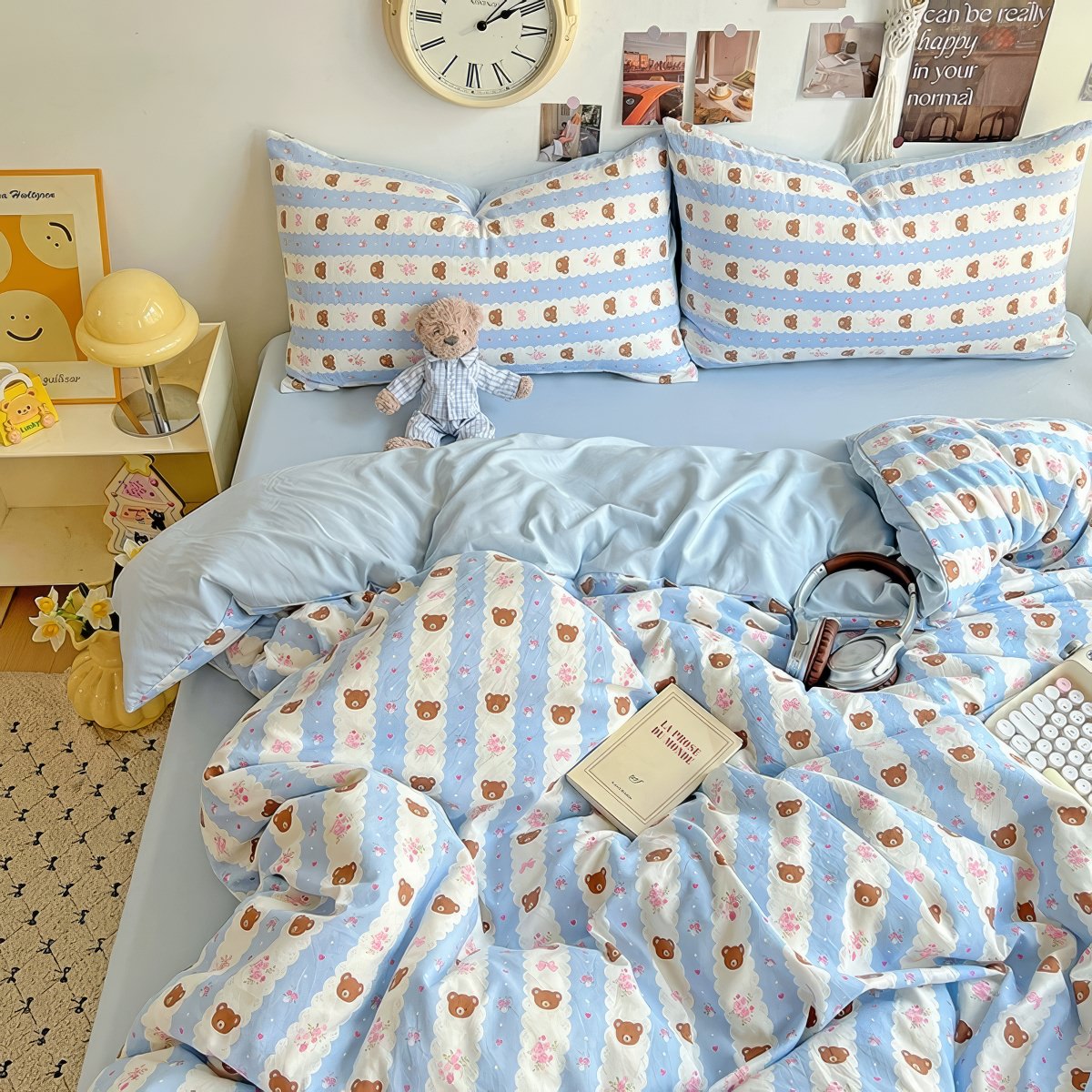 Teddy Sky Blue Striped Bedding Set — Soft Cotton-Blend Duvet Cover and Pillowcases — Lifestyle 3