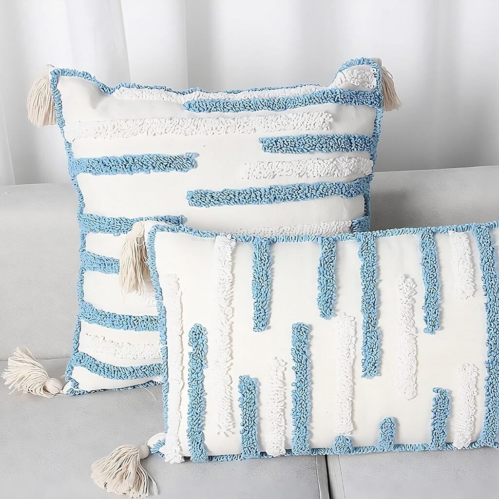 Textured Stripe Cushion Cover — Tufted Cotton Cover with Tassels for Layered Sofas — Detail