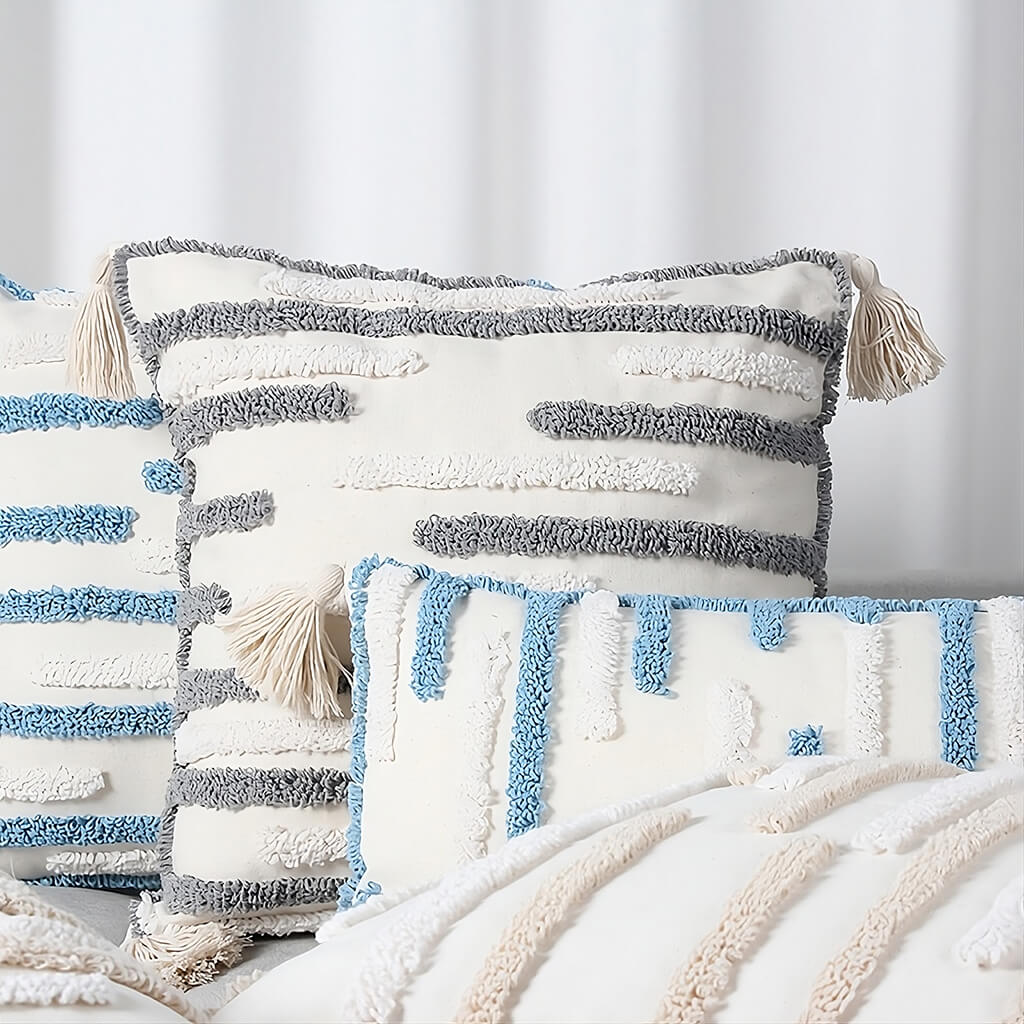 Textured Stripe Cushion Cover — Tufted Cotton Cover with Tassels for Layered Sofas — Lifestyle 1