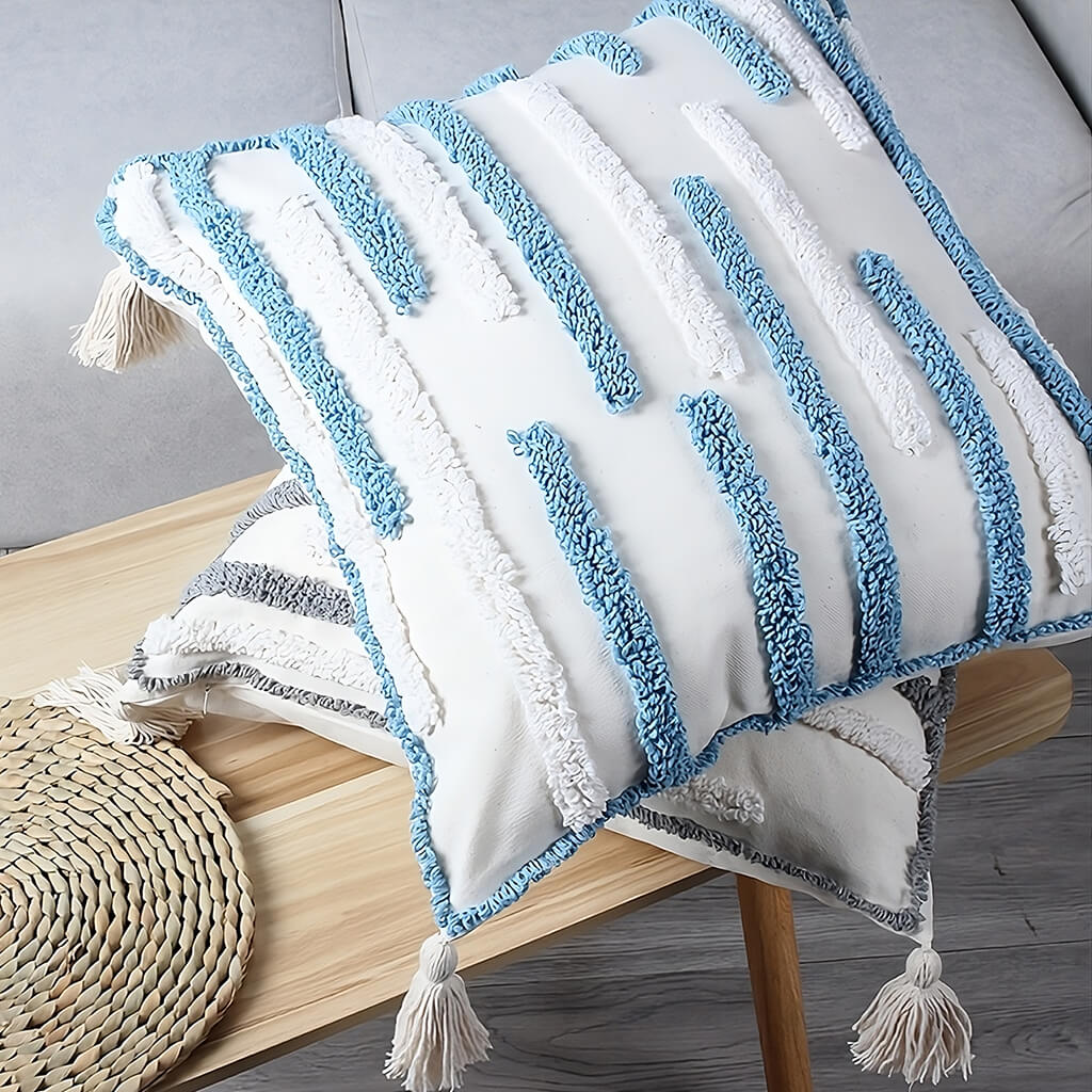 Textured Stripe Cushion Cover — Tufted Cotton Cover with Tassels for Layered Sofas — Lifestyle 3